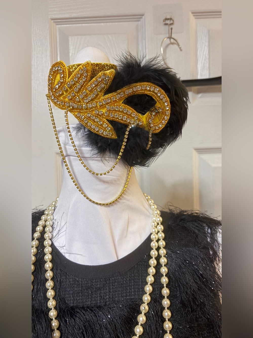 Flapper costume, accessories Feather Crystal Headpiece with Black Feathers -